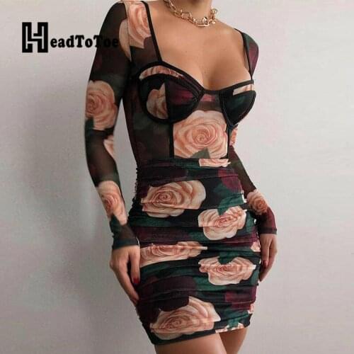 Floral Print Sexy Low Cut Square Neck Mesh Bodycon Dress Women Long Sleeve Above Knee Skinny Rushed Dresses