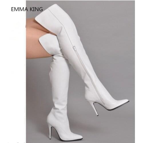 White Pointed Toe Leather Boots Women 2019 Winter Fashion Side Zipper Over Knee Thigh Hgih Boots Sexy Stiletto High Heels Shoes