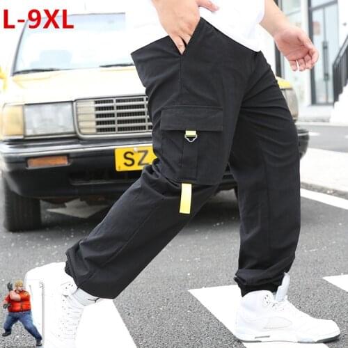 Cargo Pants Men Sport 95% Cotton Stretched Loose Jogger Hip Hop Harem Plus Size 6XL 7XL 8XL 9XL Streetwear Black Man Trousers