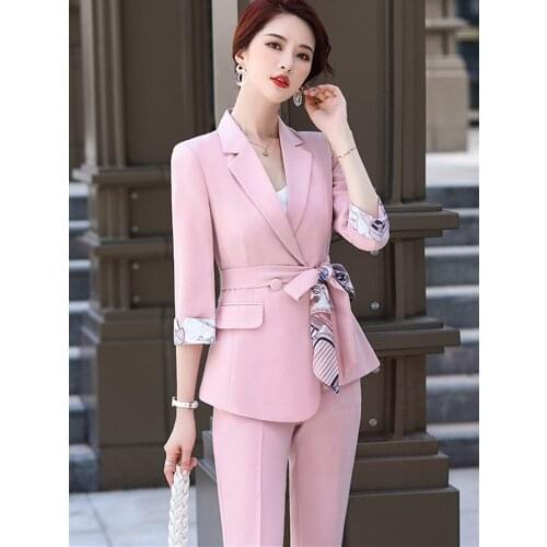 Elegant Pink Irregular Design Blazer Set Office Lady Work Fashion Pant Suits Women Floral Print Jacket Trousers 2021 Plus Size