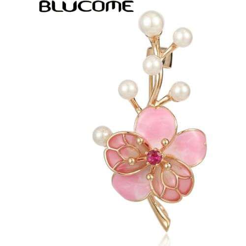 Blucome Enamel Pink Flowers Plant Brooches Simulated Pearl Rhinestone Cherry blossoms Flower Banquet Wedding Brooch Pins Gift