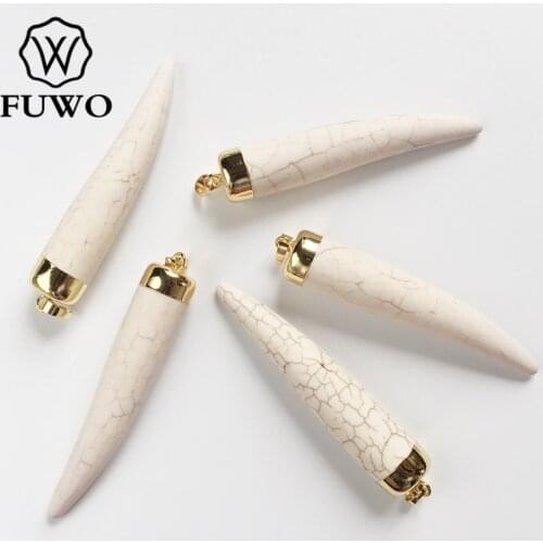 FUWO Trendy Women Natural Howlite Pendant Genuine Gold Electroplated White Quartz Long Horn Charm Jewelry Wholesele PD291