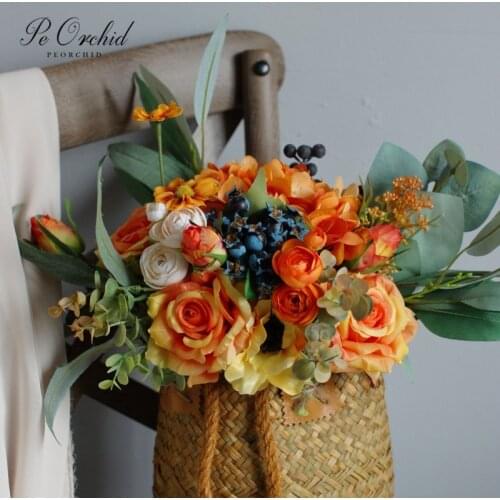 PEORCHID Artificial Roses Orange Bridal Bouquets Wedding Bridesmaid Hand Hold flower Hydrangea 2020 Ramos De flores Decoracion