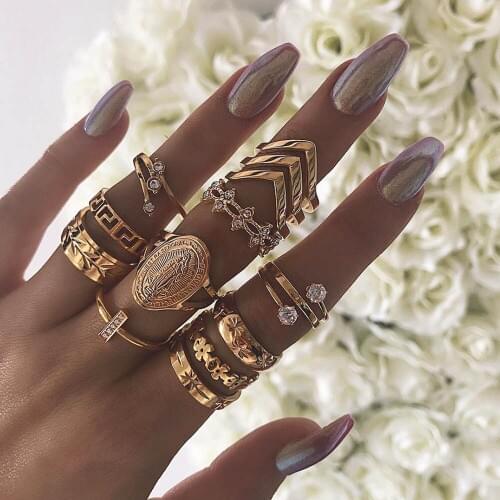 13 Pcs/Set Retro Gold Color V Shape Knuckle Ring for Women Goddess Print Alloy Zircon Leaves Pattern Flower Leaf Ring Set