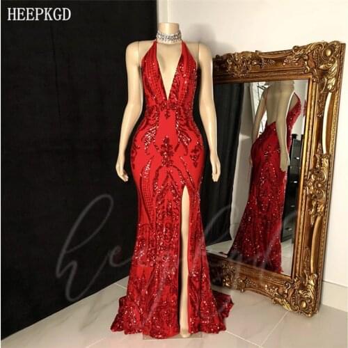 Red Mermaid Sequin Sexy Prom Dresses Long Backless Side Slit Black Girl Graduation Party Dress Plus Size Evening Formal Gowns
