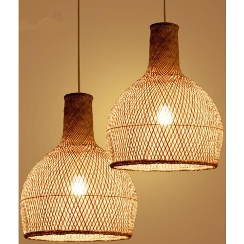 Round Craft Bamboo Wicker Rattan Cage Shade Pendant Light Fixture Asian Country Vintage Japanese Suspended Lamp Tea Room