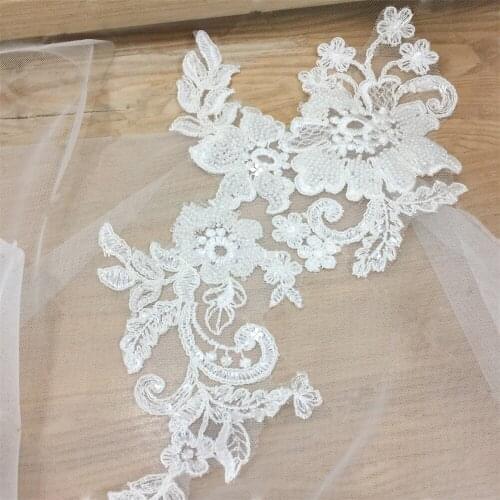 Ivory White Beading Lace Patches DIY Wedding Dress Sew-On Applique Bride Veil Decoration V2655