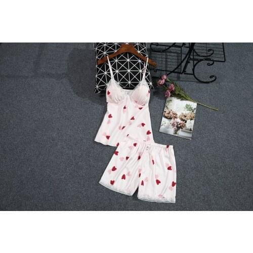 2021 Summer Suit Love Printing Women Pajama Set Cute Sexy Silk Satin Pajamas For Teen Girls Shorts Female Home Wear Nightwear