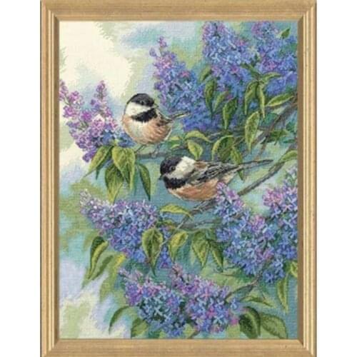 Chickadees and Lilac cross stitch package big bloom 18ct 14ct 11ct cloth cotton thread embroidery DIY handmade needlework
