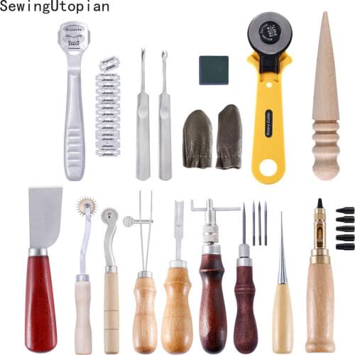 16PCS Leather Tool Set Carving Punching Hole Cutting Knife Gas Eyes Burnish Peeling Edge Process for Leather Belt Craft Tools