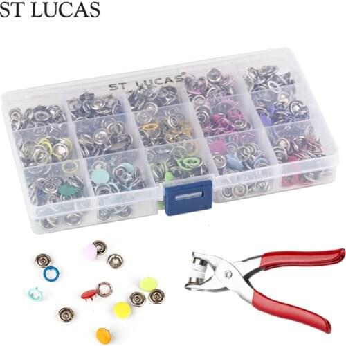 One Box 9.5mm Metal Prong Snap Button Grommets Fasteners Kit with Hand Pressure Plier Tools for DIY Clothing Crafts