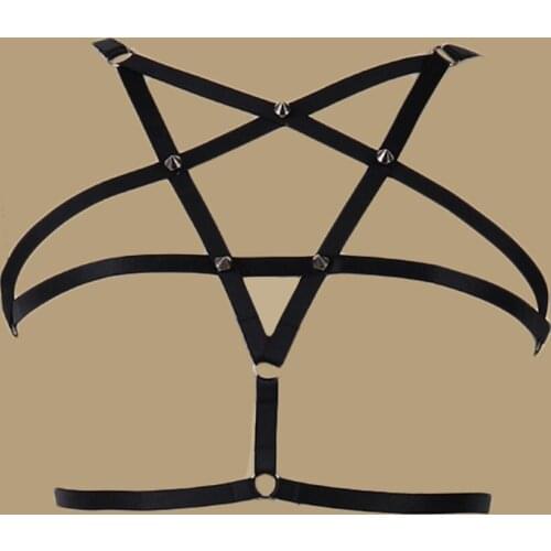 Pentagram Goth Rivet Body Harness Cage Bra Fetish Black Sexy Lingerie Star Bondage Harness Bra Edgy Suspender Belt