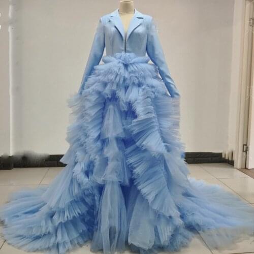 Puffy Turquoise Blue Formal Prom Dresses Set Long Sleeves Prom Dress Tiered Ruffles abendkleider robe de bal femme longue