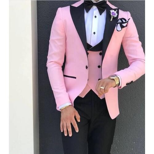 Pink Slim Fit Men Wedding Tuxedos Black Peak Lapel One Button Groom Tuxedos Men Dinner/Darty Dress(Jacket+Pants+Vest)