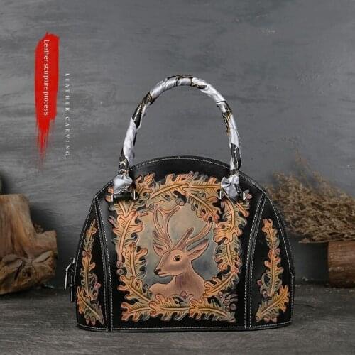 Genuine leather handbags personalized embossed animal deer skin carved first layer cowhide ladies handbag retro shell bag
