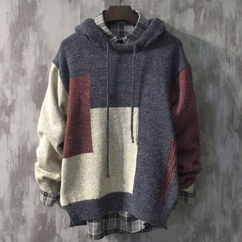Hooded Knitted Sweater Men Casual Slim Fit Mens Pullover Jumper Sweaters Coat Autumn Streetwear Patchwork Tracksuit Pull Homme