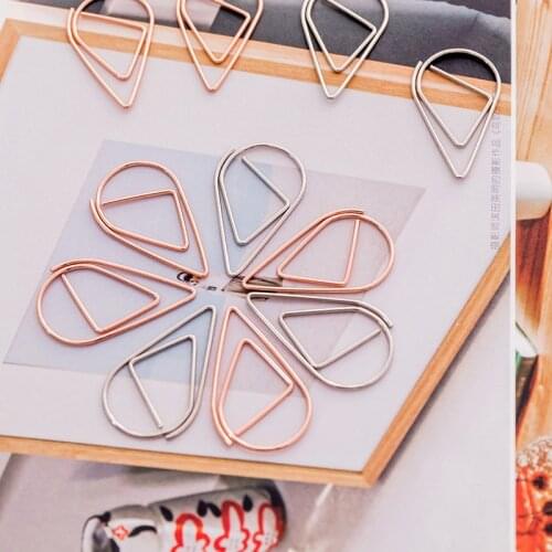 100pcs Cute Metal Paper Clips Creative Water Drop Shape Paper Clips Decorative Rose Gold Stationery Office Desk Accessories Clip