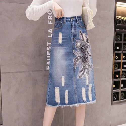 2021 Summer Denim Mid Skirt Women Slim Fit New High Waist Holes Embroidery Flowers Straight Anti-Exposure Fashion Jeans Skirts