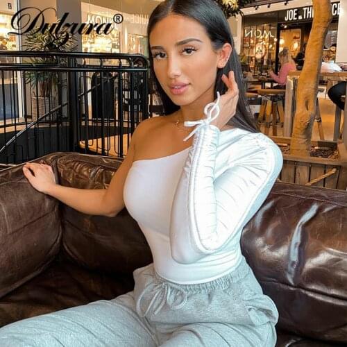Dulzura drawstring ruched women t shirt crop top one shoulder bodycon sexy streetwear party club elegant autumn winter clothes