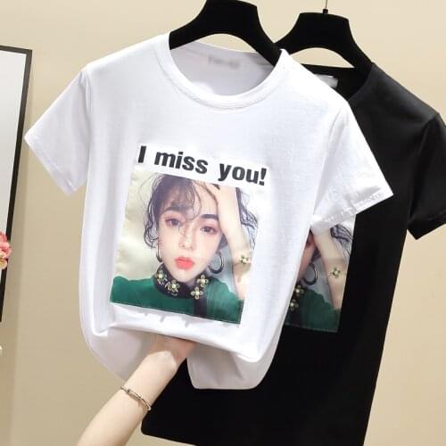 WWENN Women Summer T Shirts Tops Applique T-Shirt Cotton Tshirt White 2021 Black Short Sleeve Vetement Femme Korean Clothes