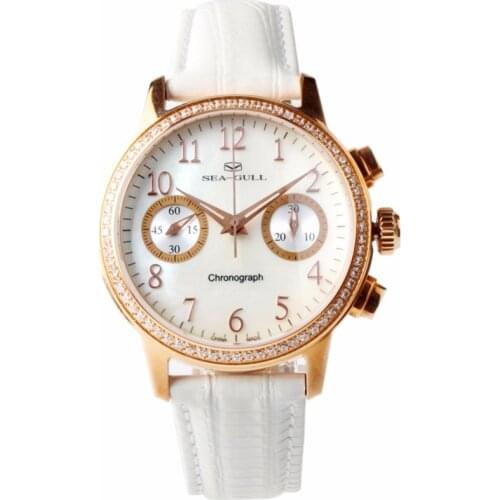 Seagull Rhinestone Bezel Lady Wristwatch Chronograph Exhibition White MOP Luxury Hand Wind Mechanical Womens Watch 719.754L