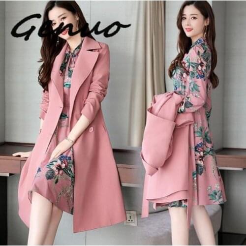 Spring Autumn Ladies Dress Suits For Office Wear Long Trench Coat And Knee Length Dress 2 Piece Set Women Formal Dresses Suit