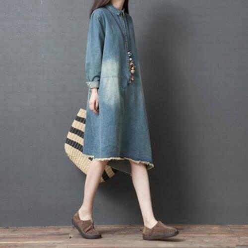 Autumn Vintage Denim Dress Women Korean Casual Long Sleeves Loose Irregular Jeans Dresses Retro Cowboy Summer Dress