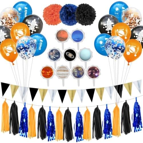 1set Astronaut Planet Rocket Round Latex Confetti Balloon Flag Tassel Cake Stick Set Childrens Day Birthday Party Decor Ballons