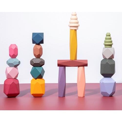 18PCS Colored Pine/Beech Stone Jenga Building Block Educational Toy Baby Stacking Game Balancing Stone Jenga Wooden Toy For Kids