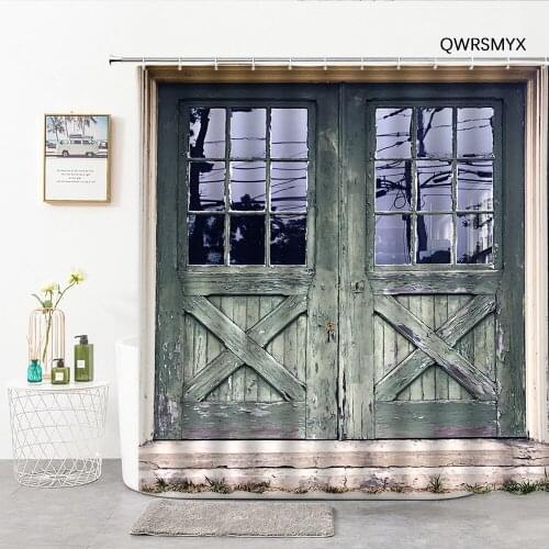3D Vintage Green Old Wooden Door Bathroom Curtain Shower Curtains Washable Fabric Home Decor Background Wall Bathroom Products