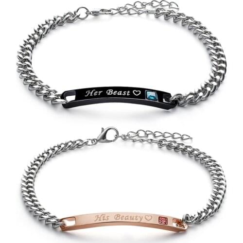 2Pc His Queen Her King Black Rose Gold Color Womens Male Chain Crystal Couple Bracelet For Men Pulseras Mujer Jewelry Bileklik