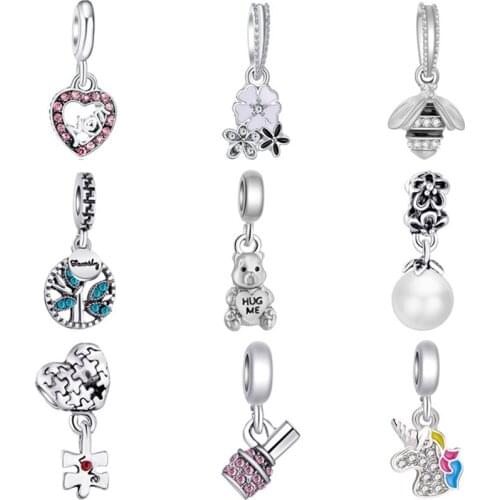 Btuamb New Fashion Crystal Tree Lipstick Unicorn Bear Simulated Pearl Beads Fit Original Pandora Charms for Women Making Jewelry