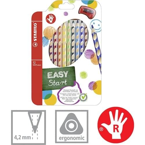 STABILO EASYcolors Colouring Pencils for Right-Handers Comfortable Grip with Sharpener - Assorted Colours (Wallet of 12)