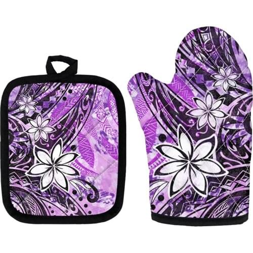 Hawaii Floral with Samoa Tribe Print Microwave Gloves Heatproof Pot Holders Kitchen Polyester Non-slip Oven BBQ Mitts Drop Ship