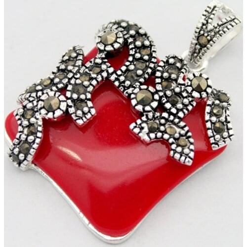 925 STERLING SILVER & MARCASITE INLAY NATURAL RED CORAL PENDANT 20*20mM