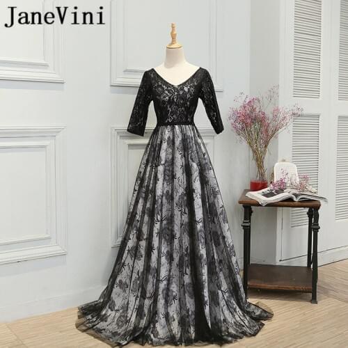 JaneVini Vintage Black Floral A Line Mother of the Bride Dresses V Neck Half Sleeves Lace Floor Length Dubai Formal Party Gowns