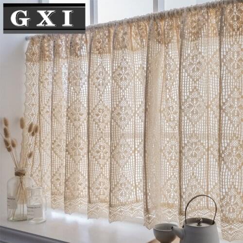 Handmade Cotton Linen Kitchen Short Curtains Crochet Lace Hollow Tassel Beige Valance Cafe Kitchen Door Window Drapes