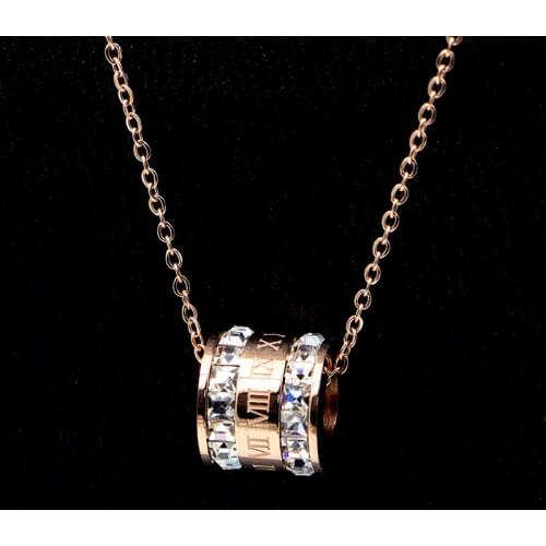 Beautiful Roman Numerals Two Laps Zircon Pendant Necklace For Women Titanium Steel Rose Gold Color Necklace Jewelry Gift