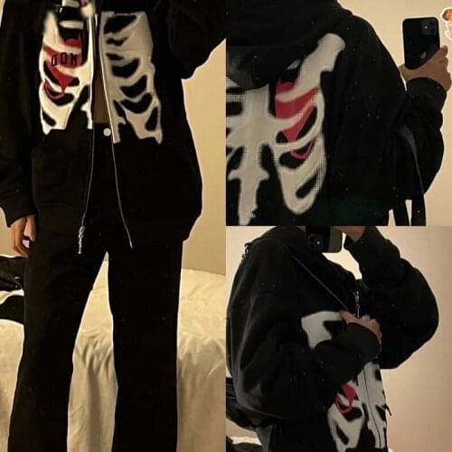 Harajuku Zipper Street Harajuku Korean Loose Skull Print Gothic Long Sleeve Warm Hooded Jacket Vintage Black Punk Y2K Clothes