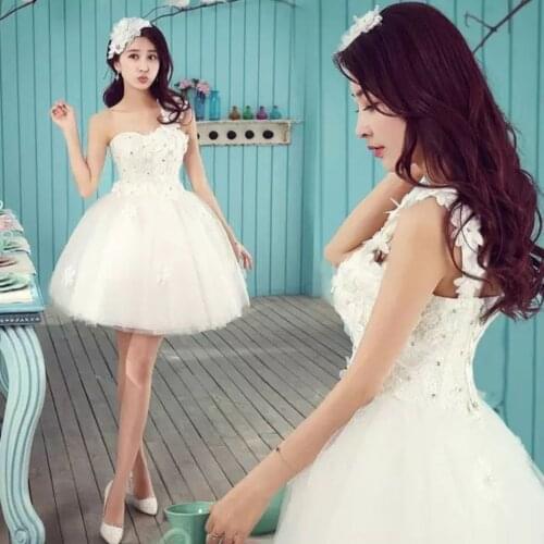 M070 Sweet Memory One Shoulder Short White Wedding Dresses 2021 Appliques Lace Up Prom Dress Princess Party Robe Ball Gown