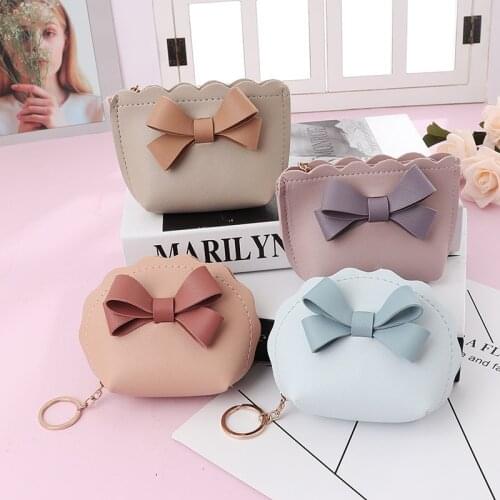 Cute Bow Small Bag Women PU Leather Coin Purses Fashion Zipper Handbag Girls Coin Card Holder For Kids Purses Keychain Wallet