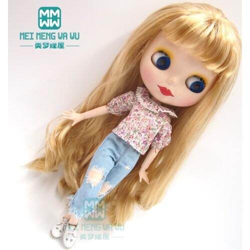 Blyth clothes fashion doll collar shirt, ripped jeans, leather shoes for Blyth Azone 1/6 doll accessories