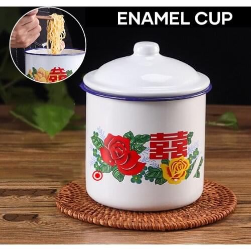 Nostalgic Chinese Enamel Cup with Lid Creative Instant Noodle Bowl Large Capacity Literary Tea Mug Gift 750/1100ML Home Accessor