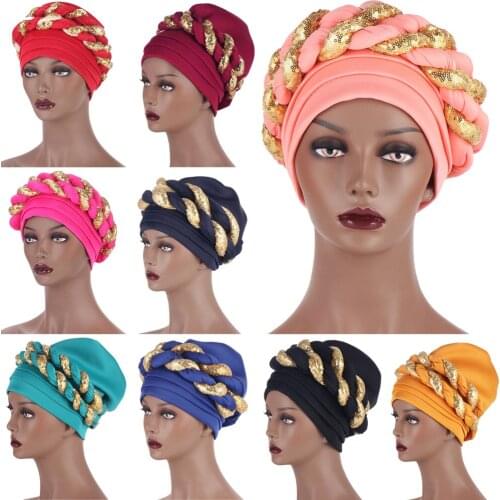 Latest Aso Oke Auto Gele Headtie Sequins African Cap Nigerian Wedding Gele Women Braid Turban Bonnet Muslim Hijab Head Wrap Hat