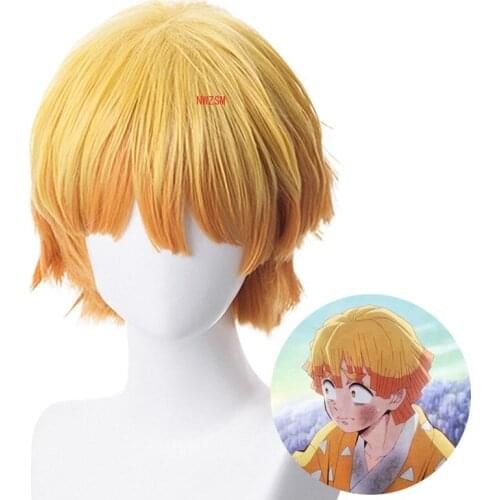 Anime Demon Slayer: Kimetsu no Yaiba Zenitsu Agatsuma Short Golden Brown Wig Heat Resistant Hair Cosplay Costume Wig + Wig Cap