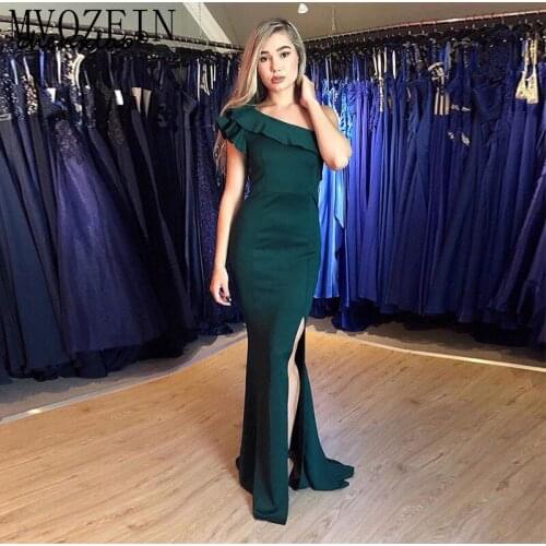 Simple One Shoulder Evening Dress Ruffles Forest Green Satin Mermaid Style Robe De Soiree Long Side Split Special Evening Gowns