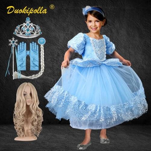 Christmas Girls Cinderella Dress Kids Light Blue Lace Dresses for Girls Halloween Princess Costume Child Fantasia Infantil