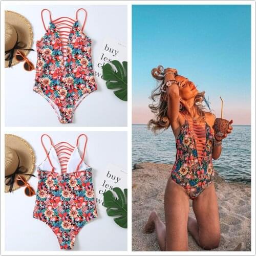 Sexy String V-Neck Brazilian One Piece Swimsuit Floral Bandage Swimwear High Waist Bathing Suit Women Push Up Bodysuit Monokini