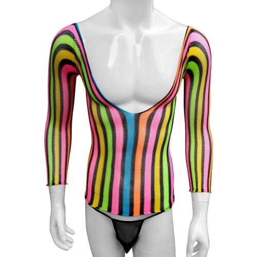 Sexy Men Deep V Low Cut Bodystocking lingerie Sissy Cross Dress Sexy Fetish Fishnet Hot Shirt Rainbow Costume Long Sleeve