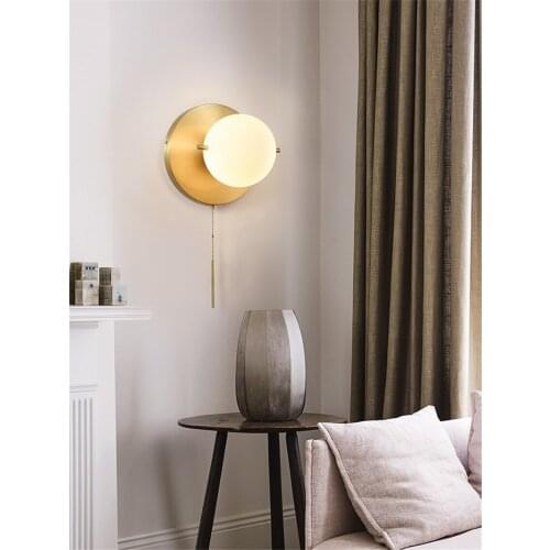 Nordic modern copper pull wire wall lamps bedroom Bedside living room glass wall sconces lights Bathroom stairway deco lighting